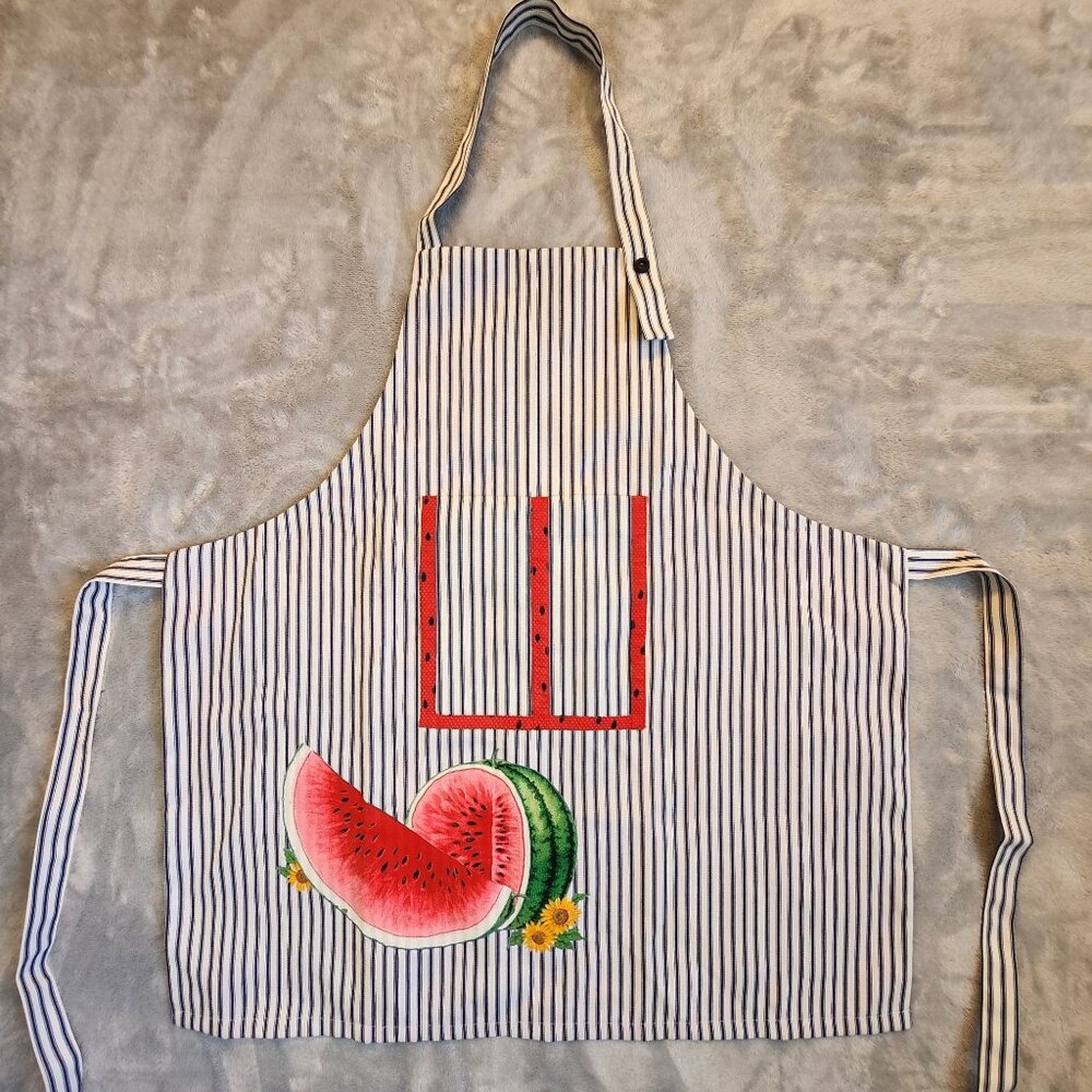 Full Apron Watermelon Applique Striped Pockets Tie Back Adjustable Neck Cooking